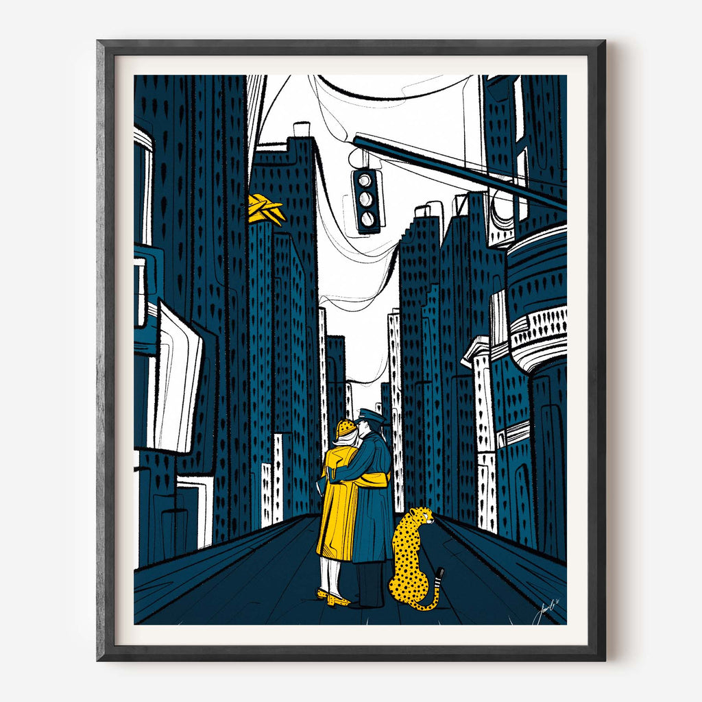 blue yellow couple city new york art print