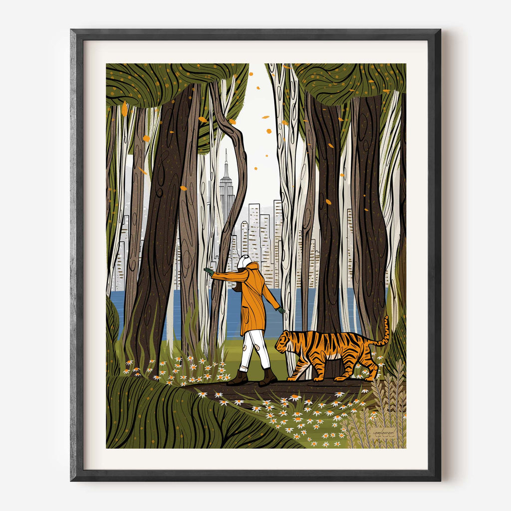 woman and tiger in woods near nyc art print
