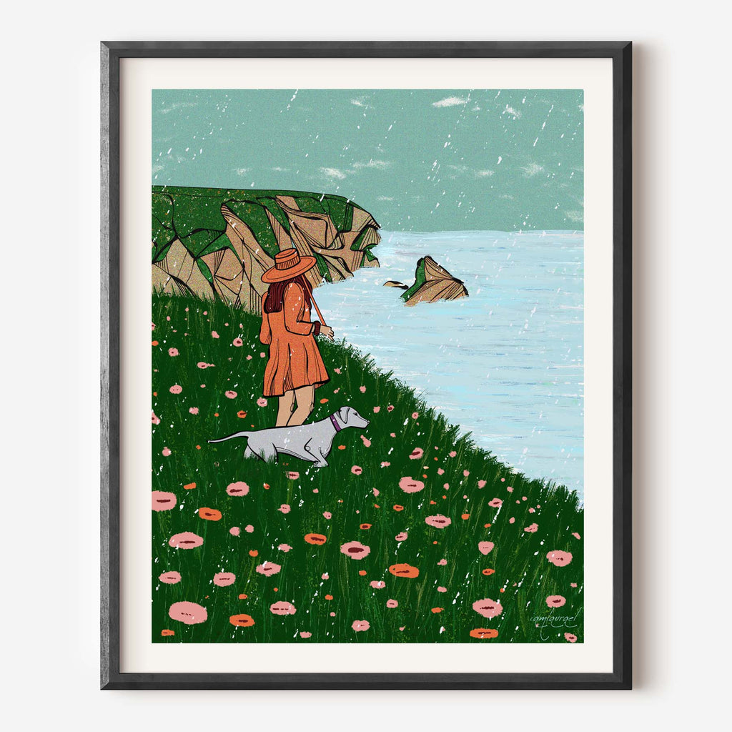 woman on ocean cliff wildflowers art print