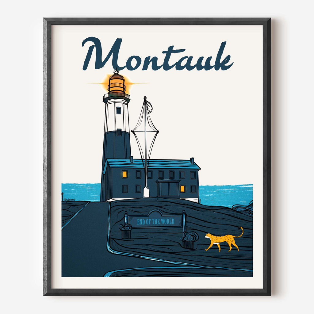 Montauk travel poster blue lighthouse Long Island New York Art Print