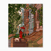 woman and dog on steps of manhattan townhouse art print