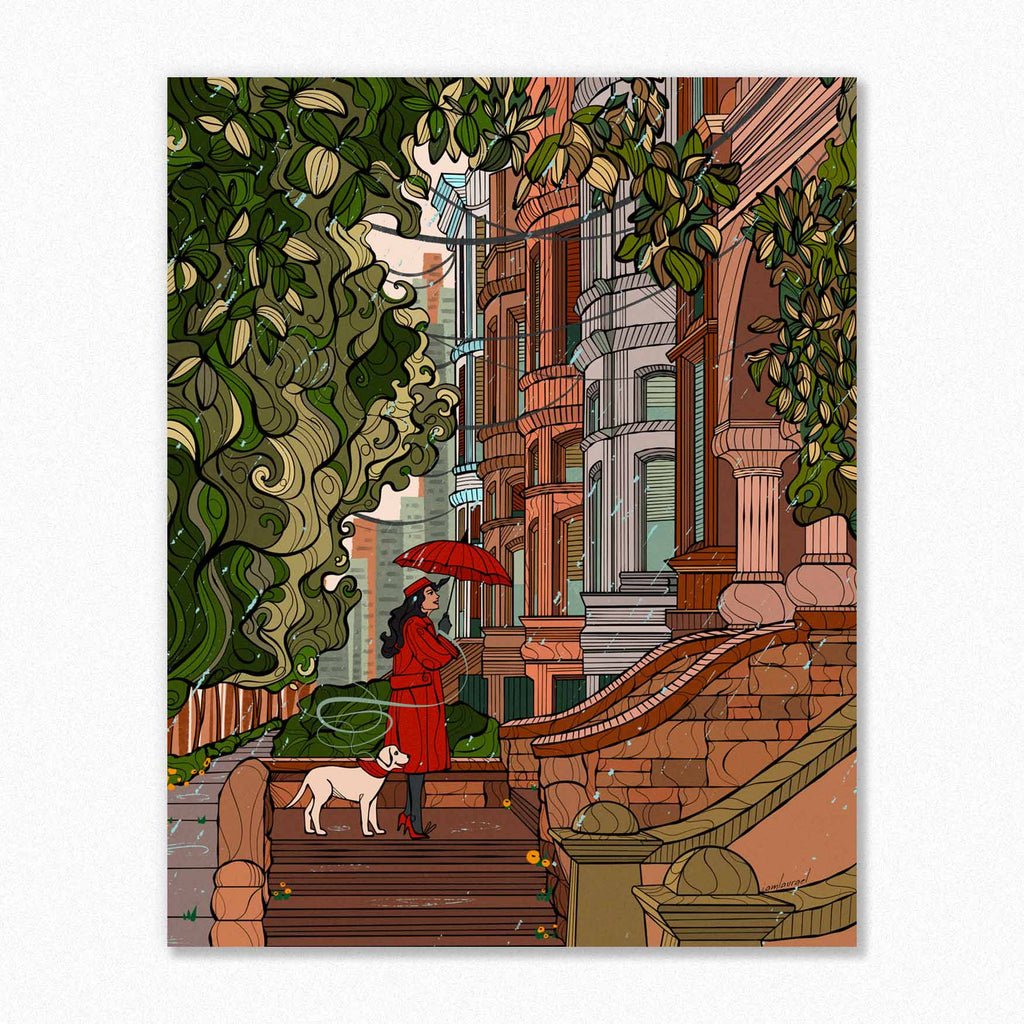 woman and dog on steps of manhattan townhouse art print