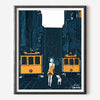 rain San Fransisco woman dog yellow blue art print